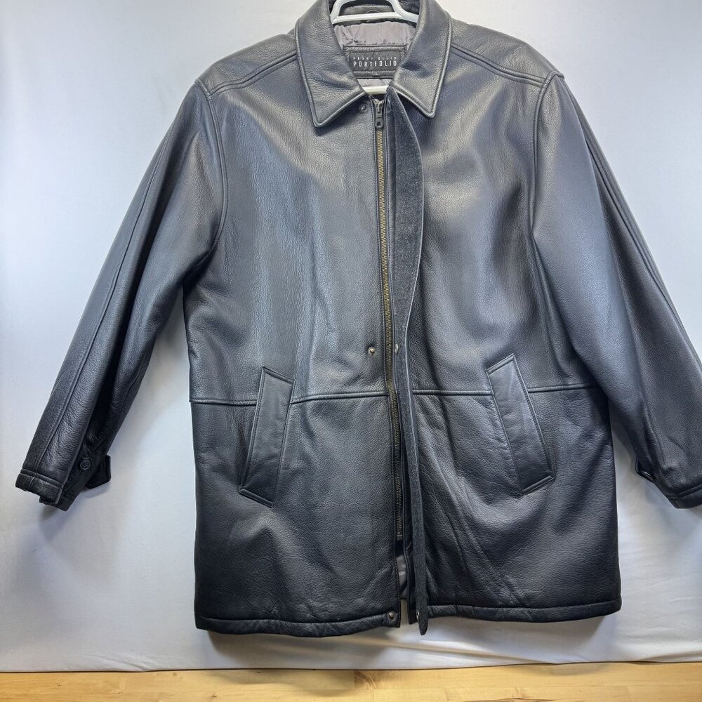 Perry Ellis Black Leather Jacket Mens XL Zipper & Snap Closure Quilted Lining - Picture 3 of 10